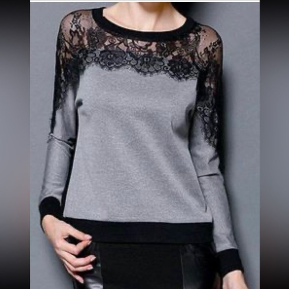 Sandro Gray Sweatshirt with Black Lace, L